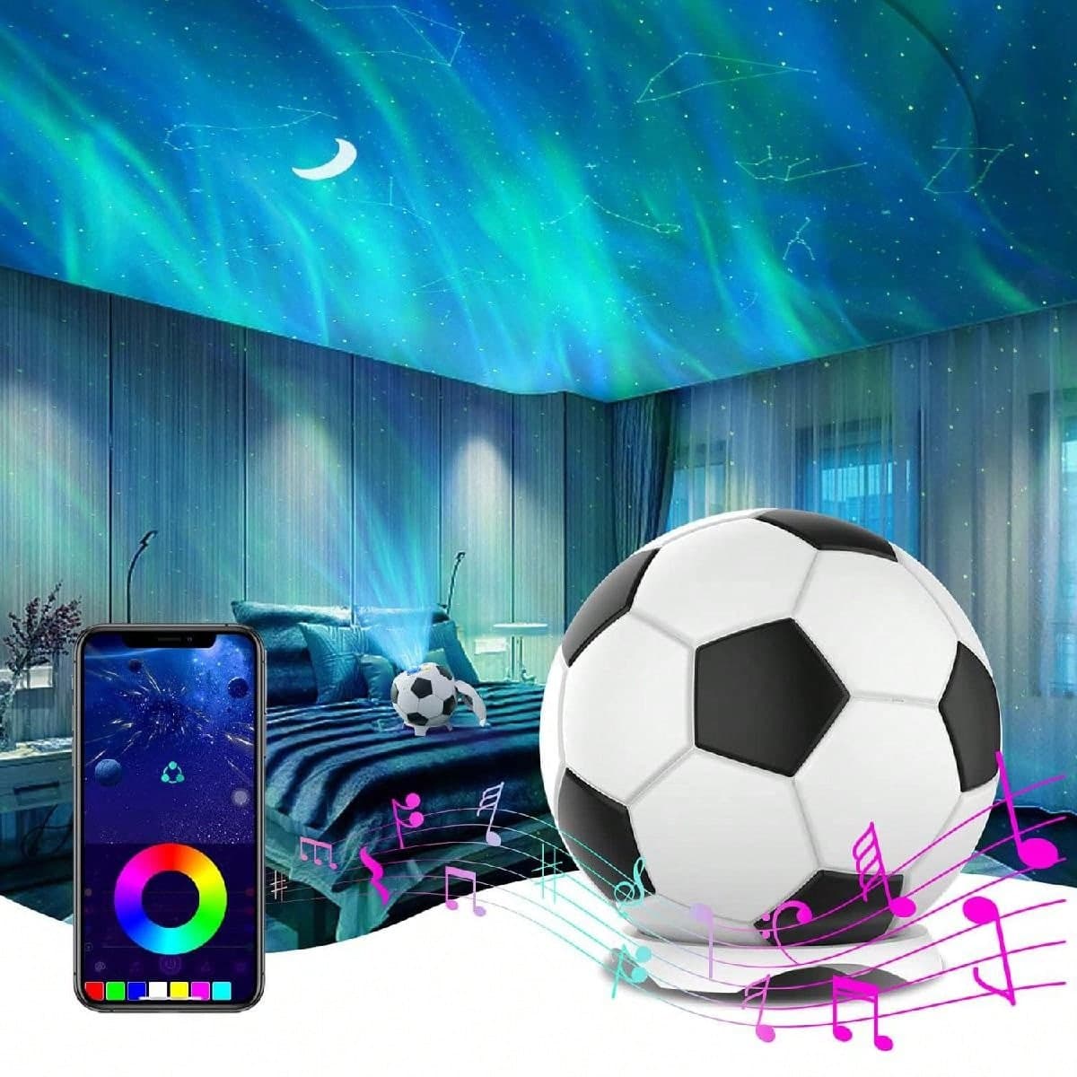 Projecteur d'étoiles 4 en 1, 12 constellations de football, 15 bruits blancs et haut-parleurs Bluetooth, projecteur de galaxie avec télécommande,
